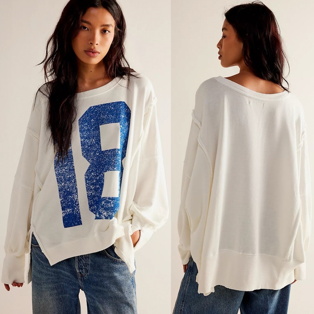 Free People Camden Graphic Pullover Sweatshirt Ivory 18 Combo